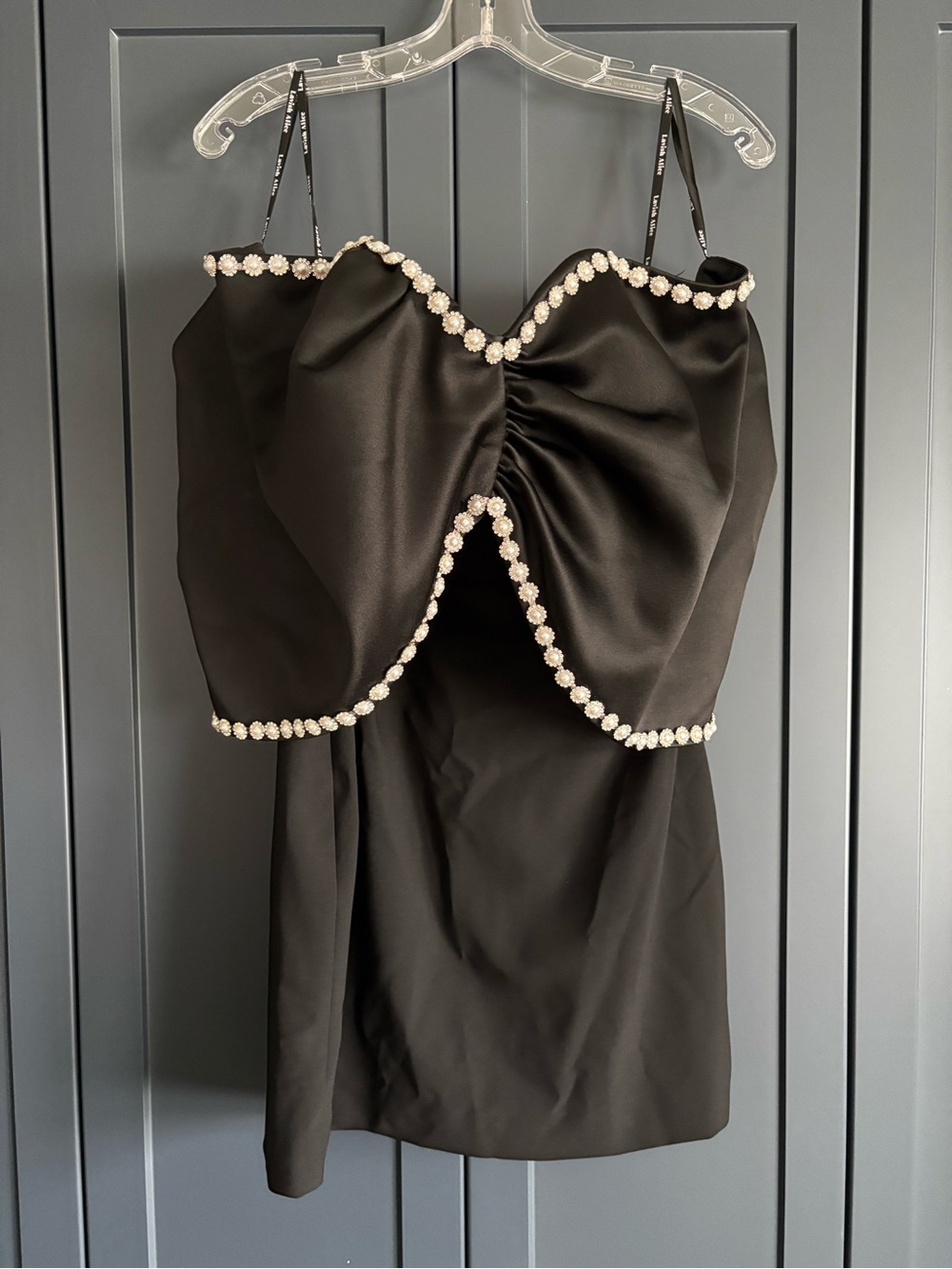 Lavish Alice Black Satin Mini Dress with Crystal Trim